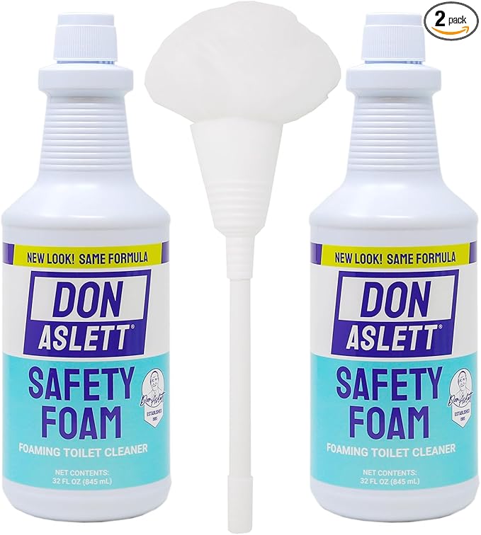 Don Aslett Johnny Mop &amp Safety Foam Toilet Bowl Cleaner (Two 32 Oz Bottles) Set | Acidic Detergent and Deodorizer | 14 Handle to Easily Clean Toilet or Shower | Scratch Free Bowl Swab