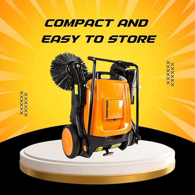 RT980S 38 Outdoor and Indoor Manual Push Floor Sweeper with Triple Brushes 12-gal Waste Container 38000 Square Feet per Hour Walk-Behind Industrial and Commercial Floor Sweeper