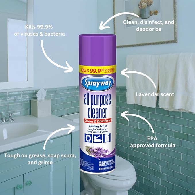 Sprayway All Purpose Cleaner with Lavender Scent 19oz Pack of 6 | Foaming Action Clean Disinfect Deodorize | Tough on Grease Soap Scum Grime | EPA Approved Kills 99.9% of Viruses &amp Bacteri