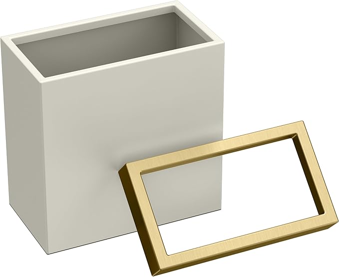 Gatco Modern Rectangle Wastebasket Matte Pearl and Brushed Brass Combo - Stainless Steel Trash Can with Removable Lid Leakproof 3 Gallon Capacity for Bathroom Bedroom Kitchen or Office