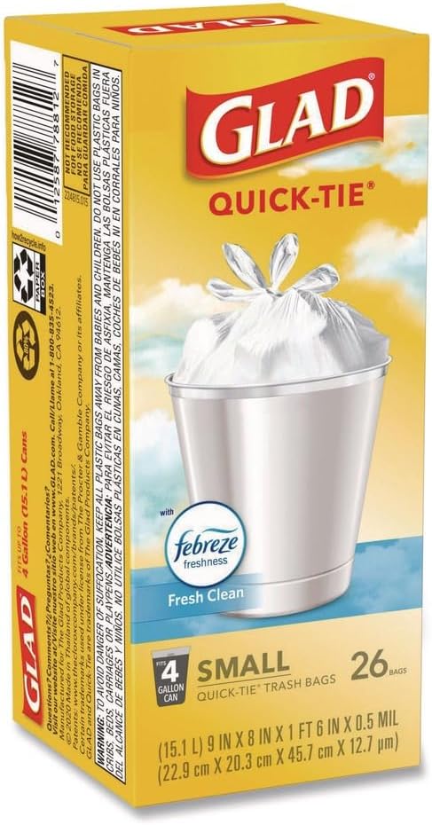 OdorShield Quick-Tie Small Trash Bags 4 gal 0.5 mil 8 x 18 White 156/Carton