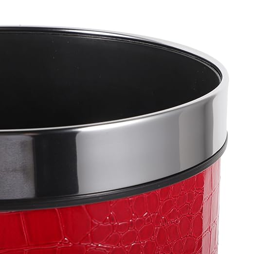 Trash Can with 12L Capacity Red Embossed Pattern Garbage Bin with Stainless Steel Ring Single-Layer Rubbish Bin for Hotel Rooms Bedrooms and Office Wastebasket