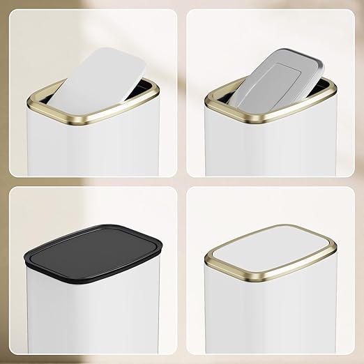 8L/2.1 Gallon Small Bathroom Trash Can with Lid Swing-Top Rectangular Waste Bin Stainless Steel Garbage Can for Home Office Toilet Bedroom Living-Room (White)