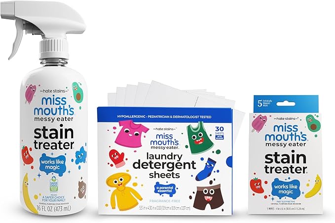 Miss Mouth's Messy Eater Stain Treater 16oz Spray and Detergent Sheets and Stain Treater Wipes