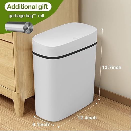14 Litre Trash Can with Press Top Lid 3.7 Gallons Plastic Garbage Bin Slim Wastebasket for Bathroom Kitchen Toilet Office Room Bedroom White lid Without Brush