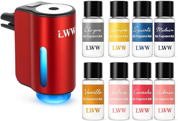 LWW Smart Car Air Freshener - 3 Levels Strength with Ventilation Clip Rechargeable Car Fragrance Atomizer - with 8 10ml Bottles of Fragrance Long Lasting Oil Diffuser (Red)
