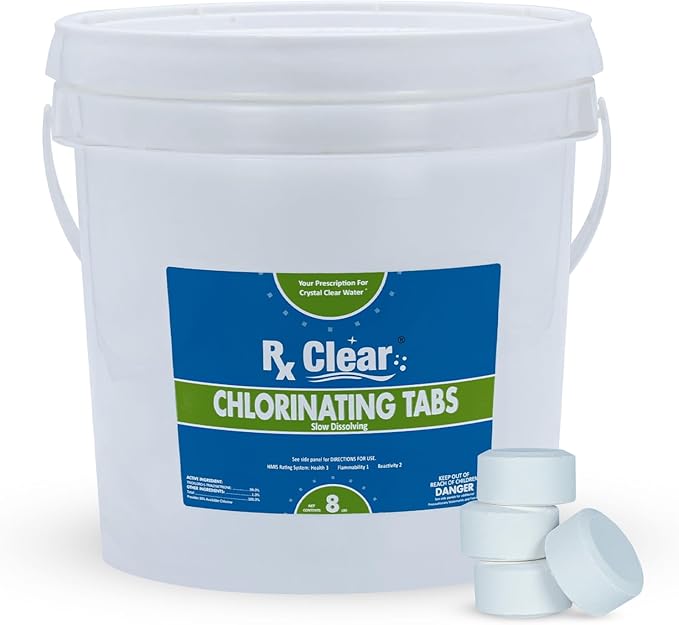 Rx Clear 1 Inch Chlorine Tabs | 8 Pounds | Use Tablets as Bactericide Algaecide &amp Disinfectant in Swimming Pools | Stabilized Long Lasting Slow Dissolving &amp UV Protected