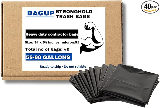 BAG UP Solutions Stronghold Trash Bags Garbage Bags Bin Liners Heavy Duty Contractor Bags Made From Recycled Plastic 55-60 Gallons 34 x 54 Inches 40 Bags Black