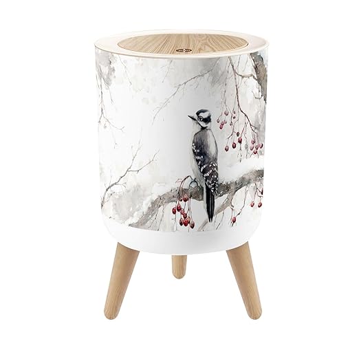 Bathroom Trash Can with Lid Abstract Woodpecker Snowy Snow Covered Branch Red Berries Winter Trees Garbage Bin Waste Basket for Kitchen Office Bedroom Decoration Diaper Pail 1.8 Gallon