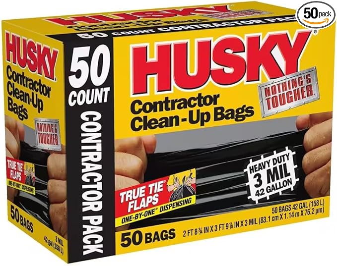 42 Gallon Heavy Duty Clean-Up Trash Bags – 50 Count 3 Mil Thick Tear &amp Puncture Resistant Flap Tie Closure – Contractor Commercial Home Use – Black Garbage Bags