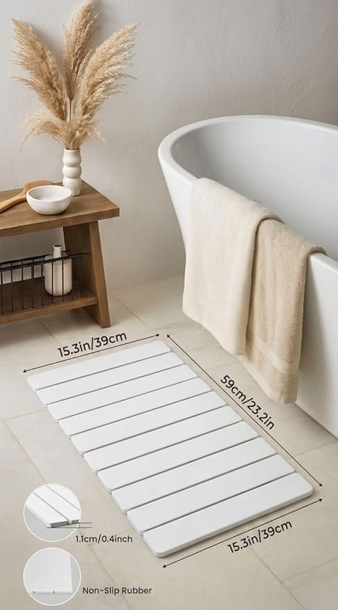 Premium Foldable Stone Bath Mat - Ultra Absorbent Quick Drying Compact Easy to Store &amp Clean Non-Slip Diatomaceous Earth Bath Shower Mat (White)
