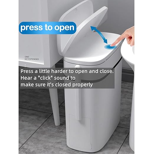 Bathroom Trash Can with Lid 14 Liter/ 3.7 Gallon Bathroom Trash Can and Toilet Brush Set for Restroom Bedroom Living Room Office White Lid