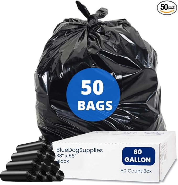 Heavy-Duty Black Trash Bags | 60 Gallon Capacity Garbage Can Liners 50 Count Bulk Pack