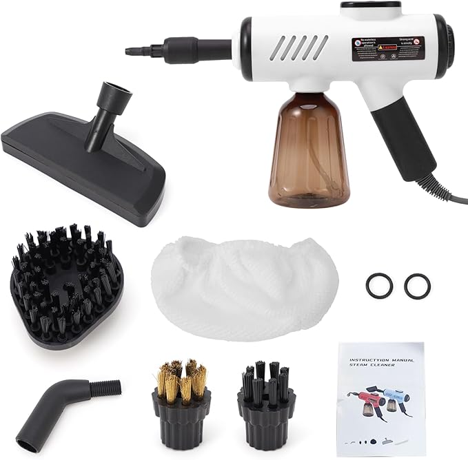 Fockety Handheld Steam Cleaner 1200W 13s Heat up Pressurized Portable Steamer with 8pcs Accessories Multi Surface Steam Cleaner for Cleaning Car Bathroom Upholstery Grout (White US Plug 110V)