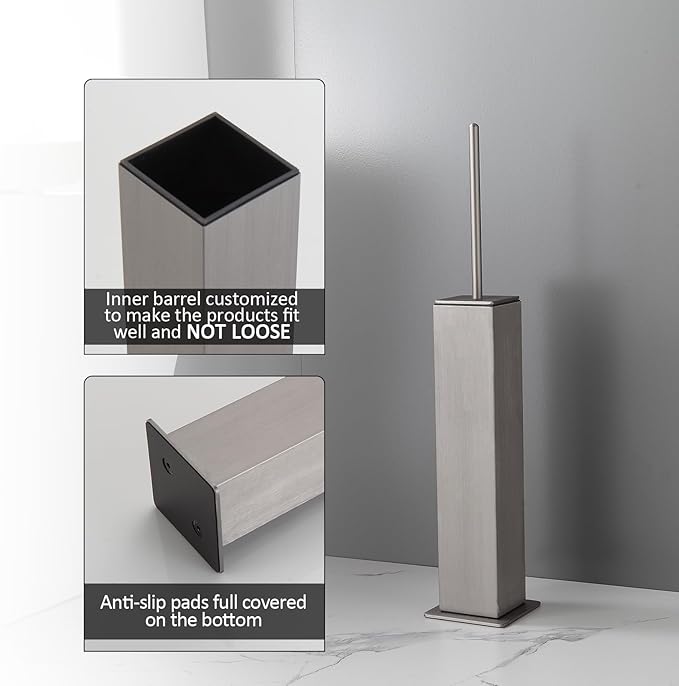 BGL Toilet Brush with Holder Set Brushed Nickel Aluminium Standing for Bathroom Toilet Bowl Cleaner Brush and Holder Set Square Design