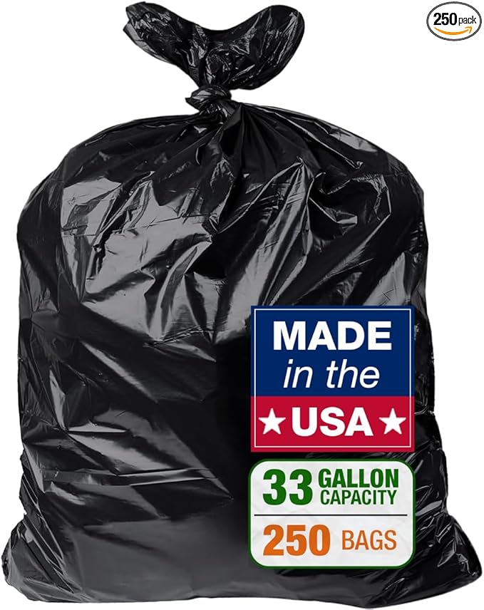 32-33 Gallon Black Trash Bags Heavy-Duty | 32” x 38” | 250 Count Bulk Pack | Large Durable &amp Tear-Resistant Garbage Bags for Home Commercial Construction &amp Outdoor Use