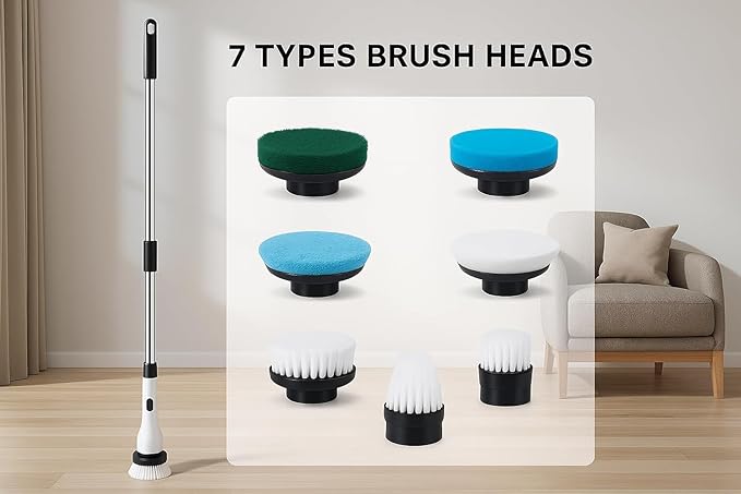 7-in-1 Electric Spin Scrubber 25W Powerful Cordless Cleaning Brush with Adjustable Handle &amp 7 Replaceable Heads for Bathroom Floor Tile Kitchen &amp Car