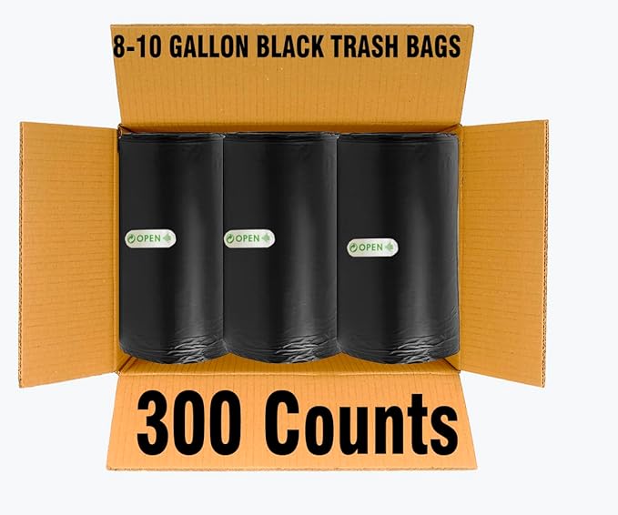 8-10 Gallon Trash Bags 300 Count Black Garbage bags Multi-purpose Trash Can Bin Liners for Bathroom Office Industrial Commercial Janitorial Municipal Recycling