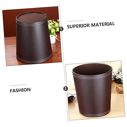 VOSAREA 1Pc Round Waste Basket Stylish Trash Can for Home Office PU Design Convenient Open Top for Easy Disposal for Living Room Workspace