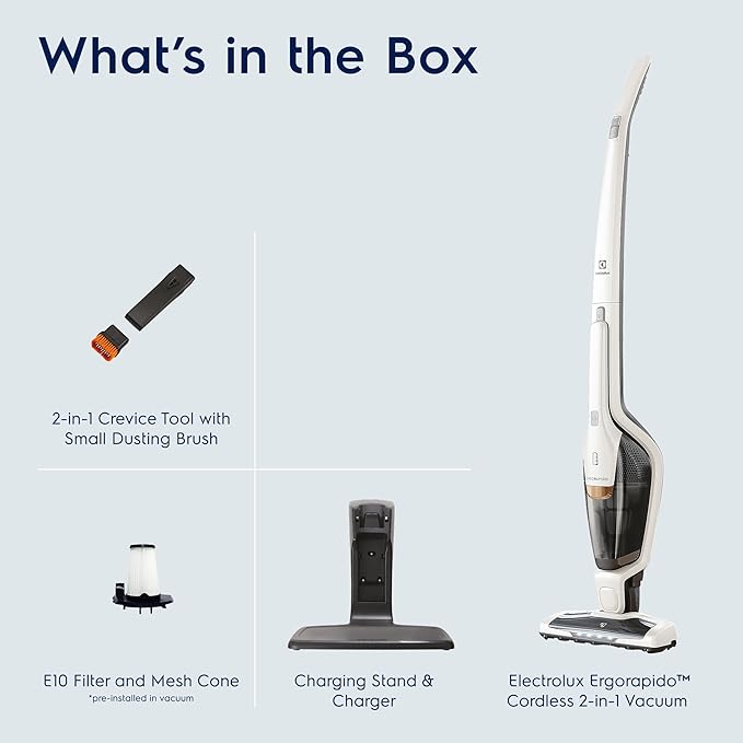 Electrolux Ergorapido Cordless 2-in-1 Vacuum Cleaner with High Suction Power and 180° EasySteer Mobility 48-Minute Run Time 2 Power Modes Satin White