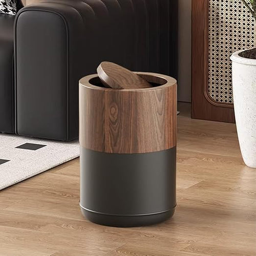15L/4GAL Modern Metal Waste Bin with Realistic Wood TextureBuilt-in Bag HolderSwing Lid Trash Bin for BathroomHomeOfficeLiving Room (4gal Swing lid)