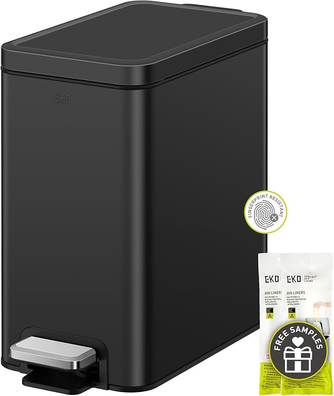 EKO Small Bathroom Trash Can with Lid Soft Close Step Pedal 6 Liter / 1.6 Gallon Stainless Steel Garbage Can with Removable Inner Bucket Anti-Fingerprint Finish (Matte Black)