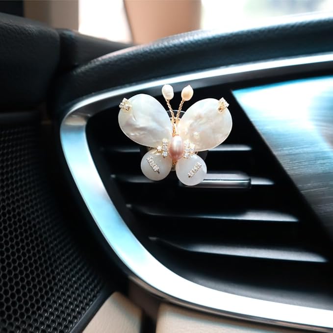 Butterfly Accessories - 2pcs Natural SeaShells Zircon Pearl Butterfly Air Freshener Vent Clips - Handmade Car Vent Decoration Bling Car Accessory for Women Refillable Diffuser