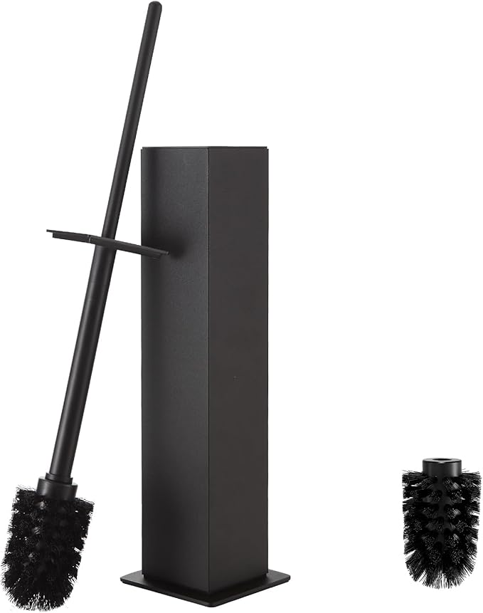 Toilet Brush and Holder Floor Standing Black with 2 Replaceable Heads Bathroom Toilet Brush Freestanding Toilet Bowl Brush with Removable Liner and Splash Guard Modern Square Design