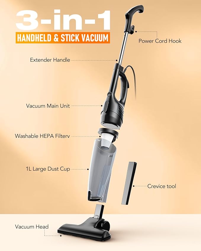 Corded Stick Vacuum Cleaner 15000Pa Powerful Suction Lightweight 3 lbs Corded Vacuum for Pet Hair &amp Hard Floors Long 16.7ft Cord 1L Dust Cup &amp Crevice Tool Included (Black)