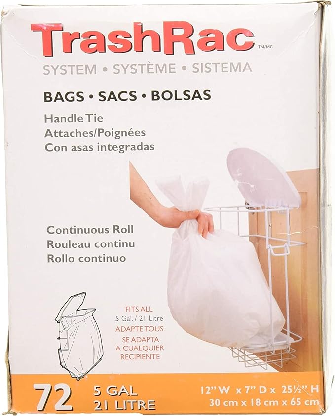 Trashrac 5 Gal. Trash Bags Handle Tie - 72 Count (Pack of 3)