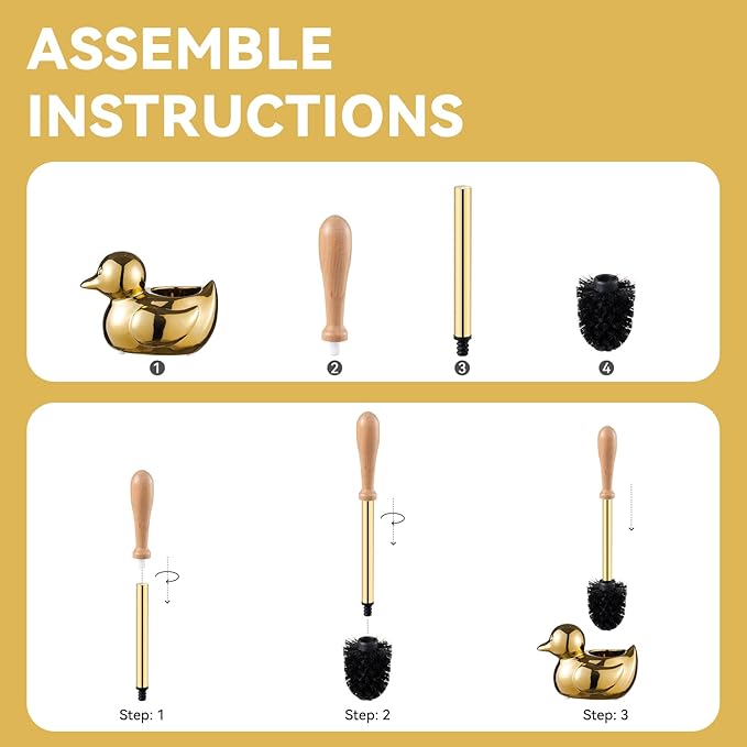 Duck Toilet Brush and Holder Set - Ceramic Bathroom Toilet Scrubber Brush Organizer with Wooden &amp Stainless SteelHandle Gold Toilet Brush &amp Cute Duck Design for Bath Decor Storage