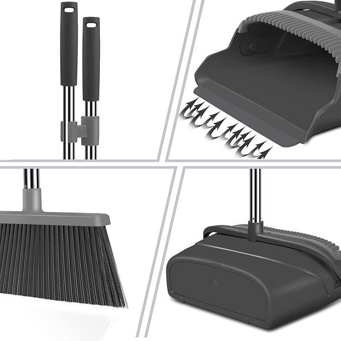 kelamayi Broom and Dustpan Set for Home Office Indoor&ampOutdoor Sweeping Stand Up Broom and Dustpan (Black&ampGray)