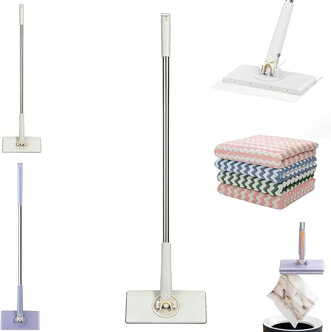 Zero Touch Mini Mop Snap Grip Mini Mop with Automatic Cloth Lock No-Touch Wet &amp Dry Flat Cleaner for Floors Walls &amp Corners Includes Reusable Cleaning Cloths (White 36in)