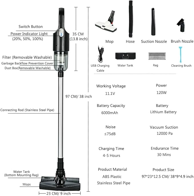 Cordless Wet Dry Vacuum Cleaner and Mop All in One Mop and Vacuum Cleaner in One Light Weight Powerful Stick Vacuum Cleaner Rechargeable Upright Vacuum Cleaner for Home Hard Floor Pet Hair