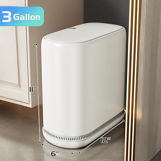 Bathroom Trash Can with Lid 3 Gallon Small Slim Garbage Bin with Auto-Adsorption &amp 75 Bags (5 Rolls) Mini Waste Basket Dog Proof for Bathroom Kitchen Office Bedroom Laundry Toilet Rv Whit