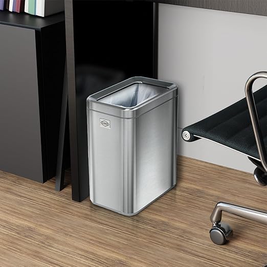Clorox Slim Open Trash Can - 2.6 Gallon (10 Liter) Small Metal Waste Basket with Removable Bucket for Narrow Spaces - Stainless Steel Garbage Bin for Bathroom Bedroom or Office