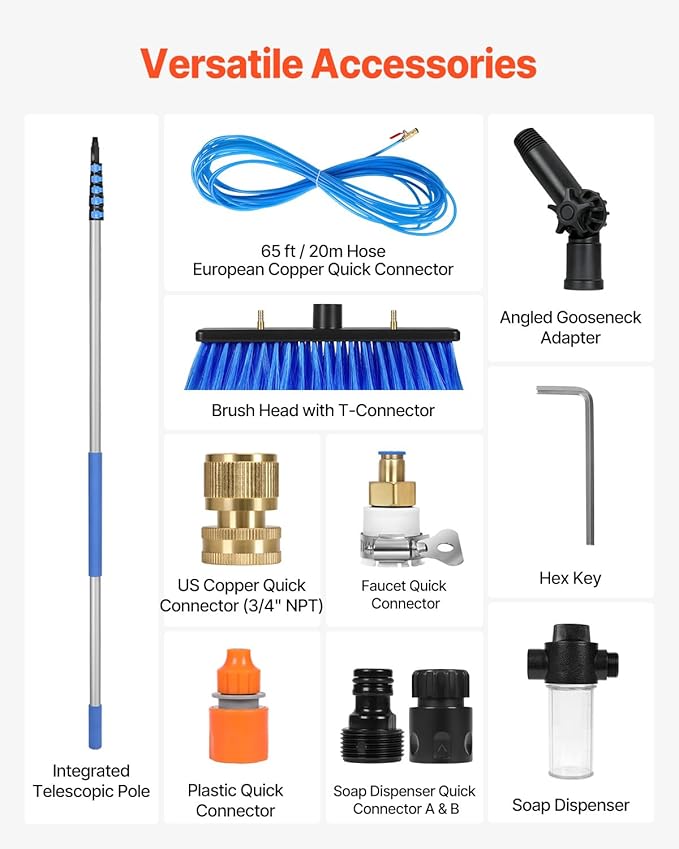 VEVOR Water Fed Pole Kit 36FT Solar Panel Cleaning Pole with Extendable Handle 180° Rotatable Brush Head &amp 65.6FT Hose Household &amp Outdoor Window Cleaner Tool for Caravan Solar Panel Deck