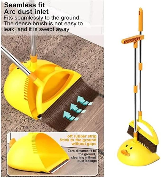 Cute Duck Cleaning Broom and Dustpan Set with Long Handle Stand Up Broom and Dustpan for Home Kitchen Room Office Outdoor Indoor (Yellow)