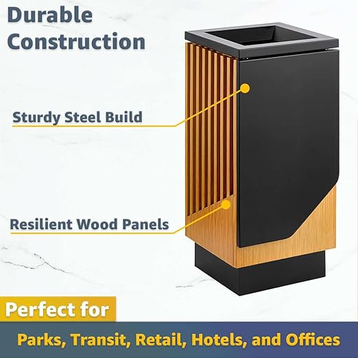 13 Gallon Commercial Outdoor Trash Can - Square Decorative Waste Bin with Steel &amp Wood Composite Design Hinged Lid Open Top Garbage Can for Retail Stores Hotel Lobbies Airports