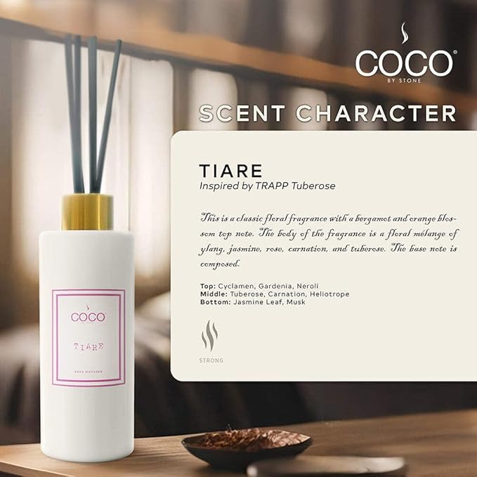 COCO by Stone 5oz Reed Diffuser (Tiare) – Luxury Scented Oil Diffuser for Home Aromatherapy Long-Lasting Vegan Fragrance Elegant Home Décor and Air Freshener