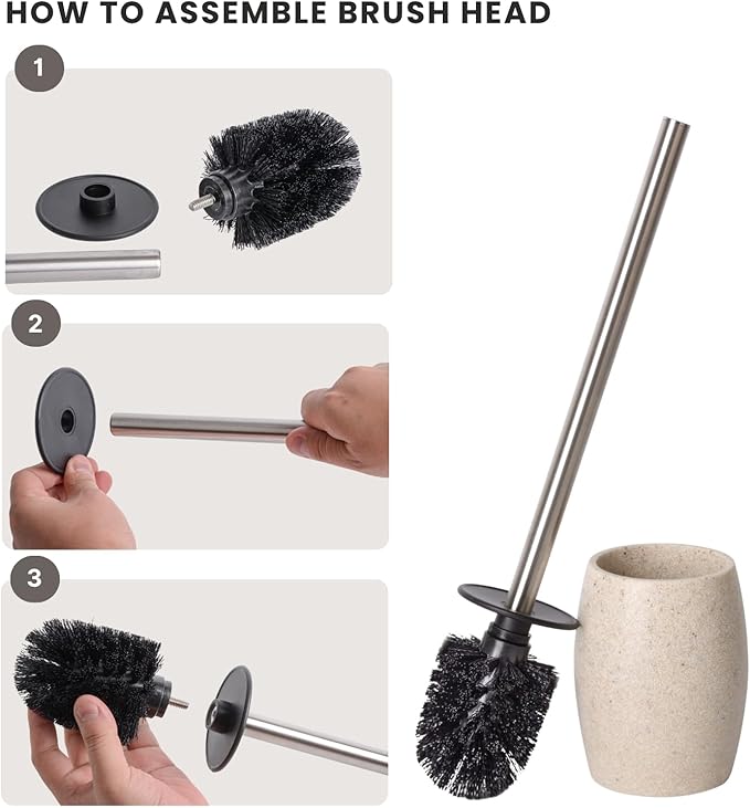 Toilet Bowl Brush and Holder with Stainless Steel Long Handle Toilet Scrubber Brush with Durable Base 360° Deep Cleaning Bristles for Bathroom Compact Set for Small Space (Beige)