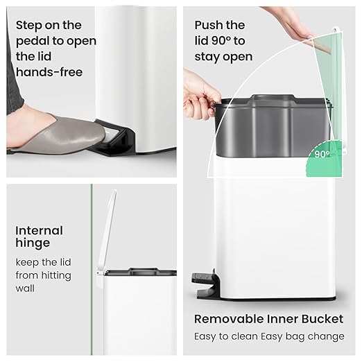 Cesun Small Bathroom Trash Can with Lid Soft Close Step Pedal 6 Liter / 1.6 Gallon Stainless Steel Slim Garbage Can for Bedroom Diaper Waste Basket with Removable Inner Bucket (White)