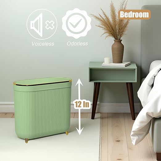 Yatmung Slim Bathroom Trash Can with Lid - Small Plastic Waste Paper Basket - Press-Top Trash Bin for Bedroom Home Office Narrow Space - 3.2 Gallon Decorative Garbage Can - Mint Green with Gold Legs
