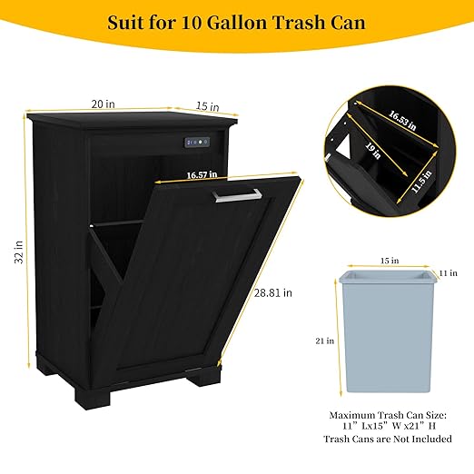 Tilt Out Trash Can Cabinet 10 Gallons Trash Cabinet with Deodorising Function Wooden Freestanding Garbage Can for Home and Kitchen Hidden Laundry Hamper Black