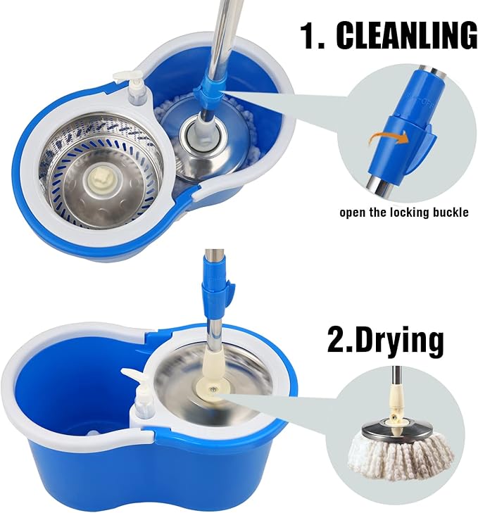 Mop and Bucket Set 360° Spin Mop and Bucket with Wringer Set and 6 Microfiber Mop Refills Stainless Steel 61 Extended Handle Spinning Mop Bucket System for Floor Cleaning (2 Sets)