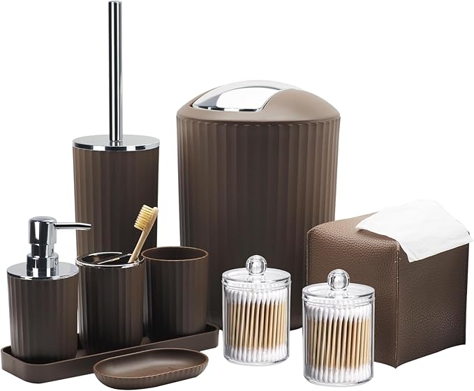 Bathroom Accessory Set - 10 Piece Brown Bathroom Accessories Set with Trash Can Toothbrush Holder and Cup Soap Dispenser Soap Dish Toilet Brush Holder Vanity Tray Qtip Holder Tissue Box Cover