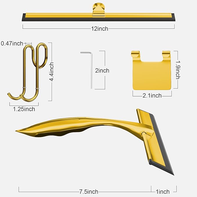 TOOVEM 12 Inch Shower Squeegee for Glass Doors Window Bathroom Car Windshield Shower Cleaning Tools with S Hook Square Sticky Hook（Gold）