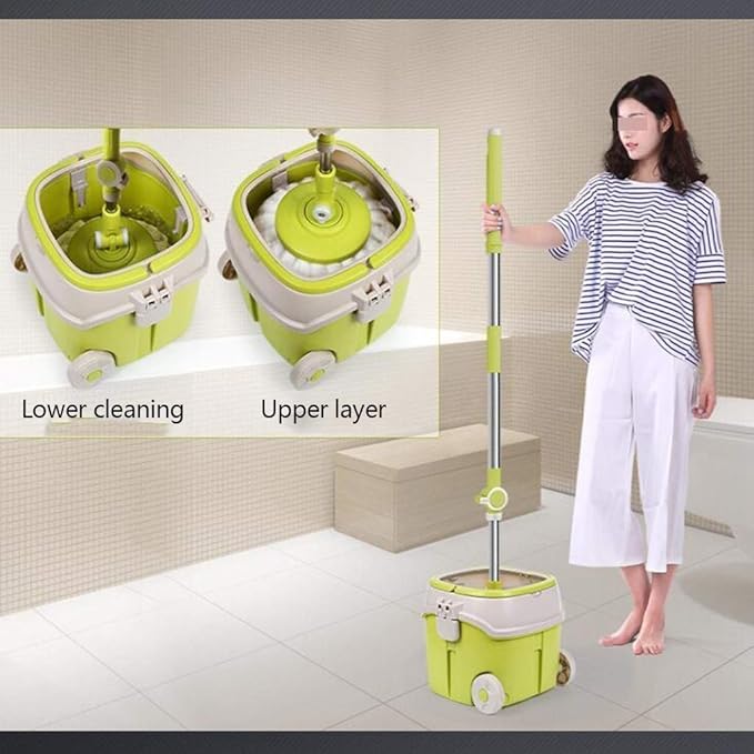 360 Spin Mop with Stainless Steel Bucket System Extended Length Handle&amp2 Microfiber Heads  Magic Spinning