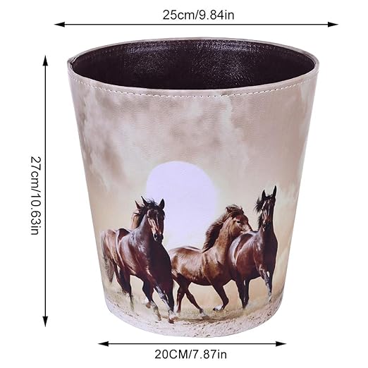 10L/2.64 Gallon PU Leather Trash Can Waterproof Decorative Paper Basket for Bedroom Bathroom - (Horse Pattern A)