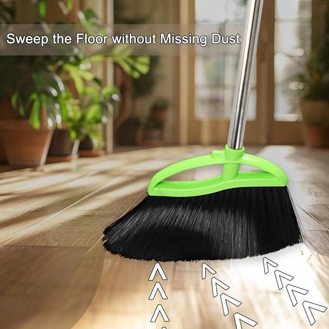 Soft Bristles Green Angle Broom and Dustpan Set Long Handle Household Indoor Broom with Dustpan Combo Set for Room Kitchen Lobby Office Hardwood Floor Sweeping Floor Cleaning